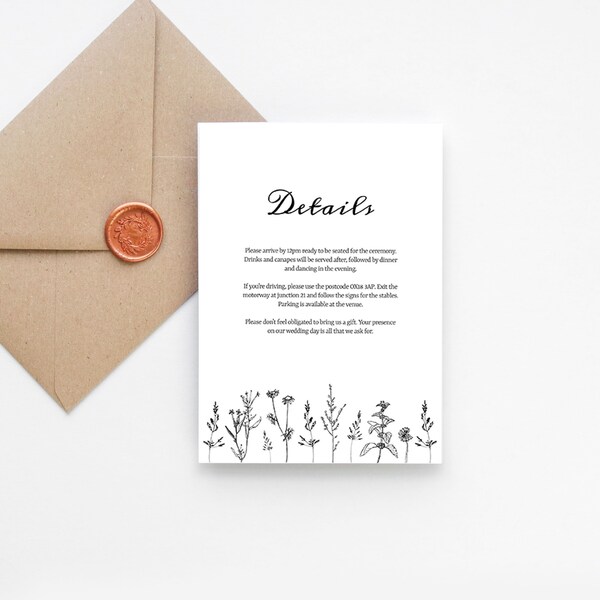Wildflower Wedding Details Card Template | Rustic Wedding Info Insert Template | Printable Information Card Templett Instant Download PDF