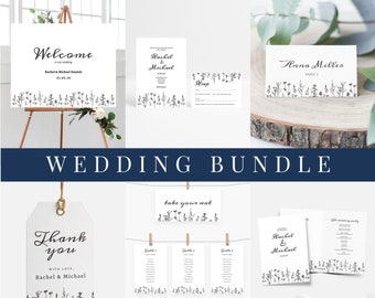 Wildflower Wedding Invitations Template, Rustic Wedding Stationery Suite Editable Template, Complete Wedding Invite Set Printable Templett