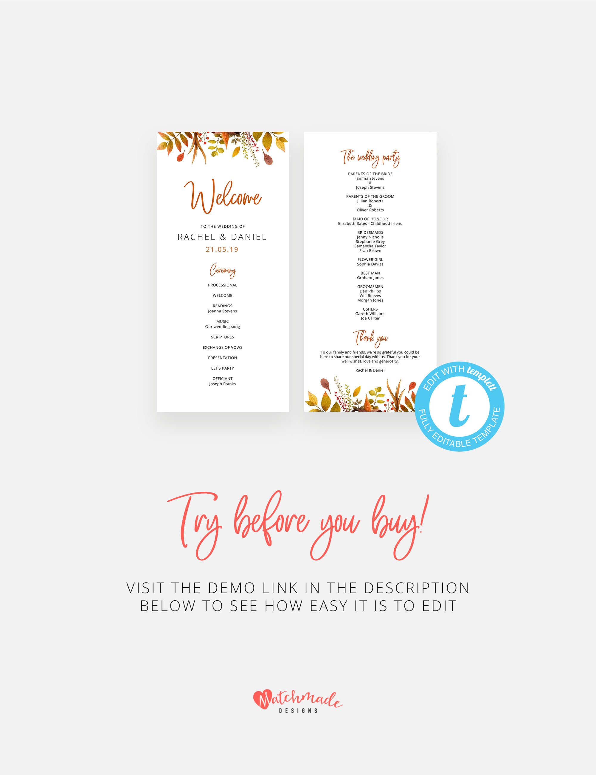 Fall Wedding Program Template Fall Order of Service Etsy UK