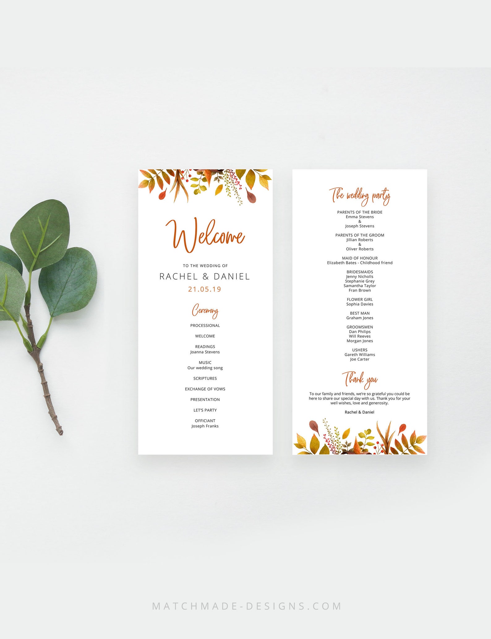 Fall Wedding Program Template Fall Order of Service Etsy UK