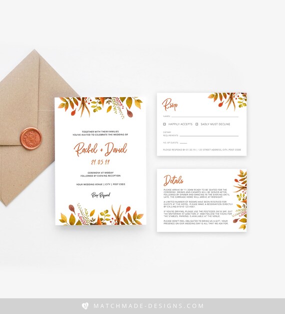 Fall Wedding Invitation Template Autumn Wedding Invite Etsy