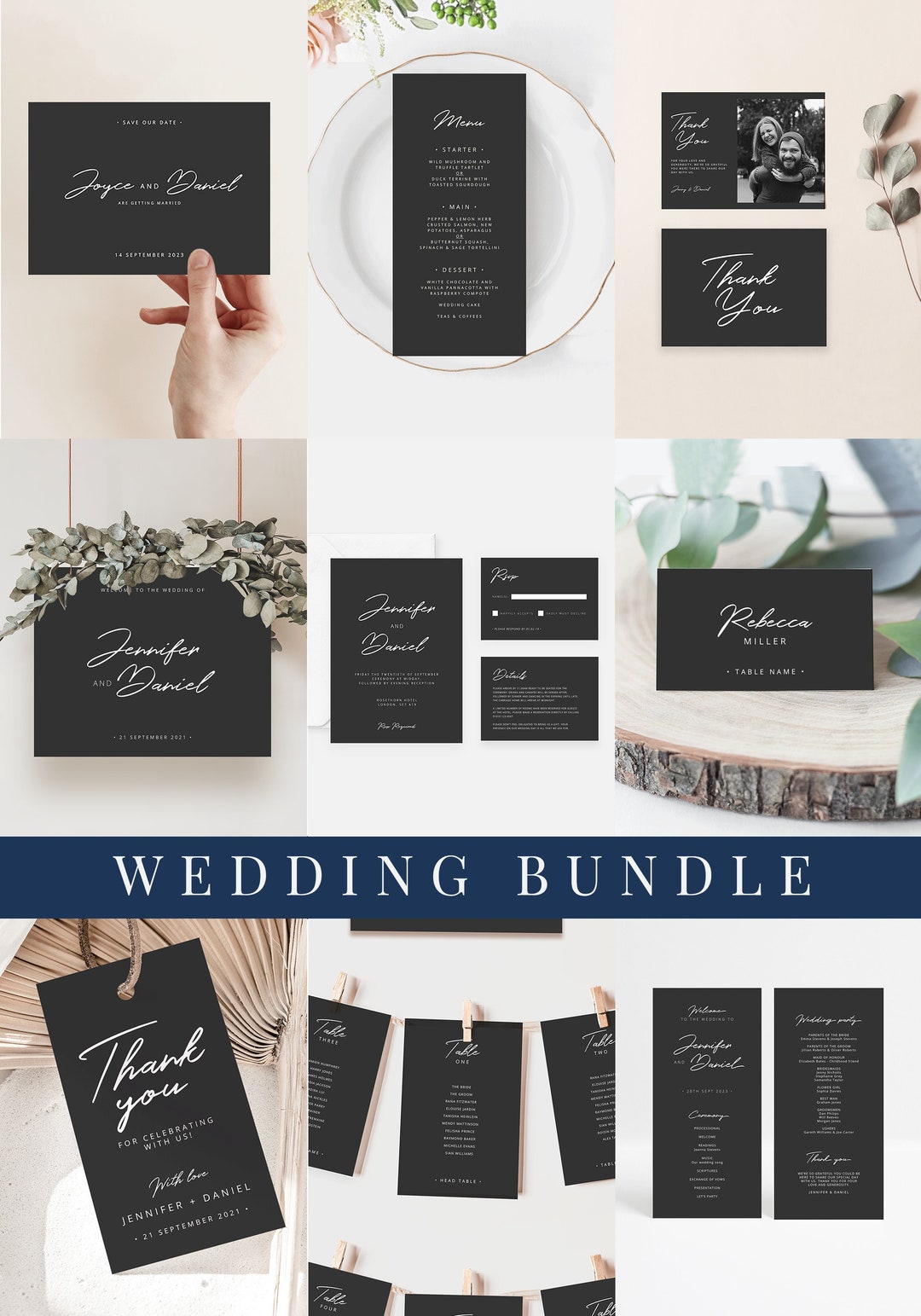 Black Wedding Stationery Bundle, Dark Wedding Template Bundle, DIY