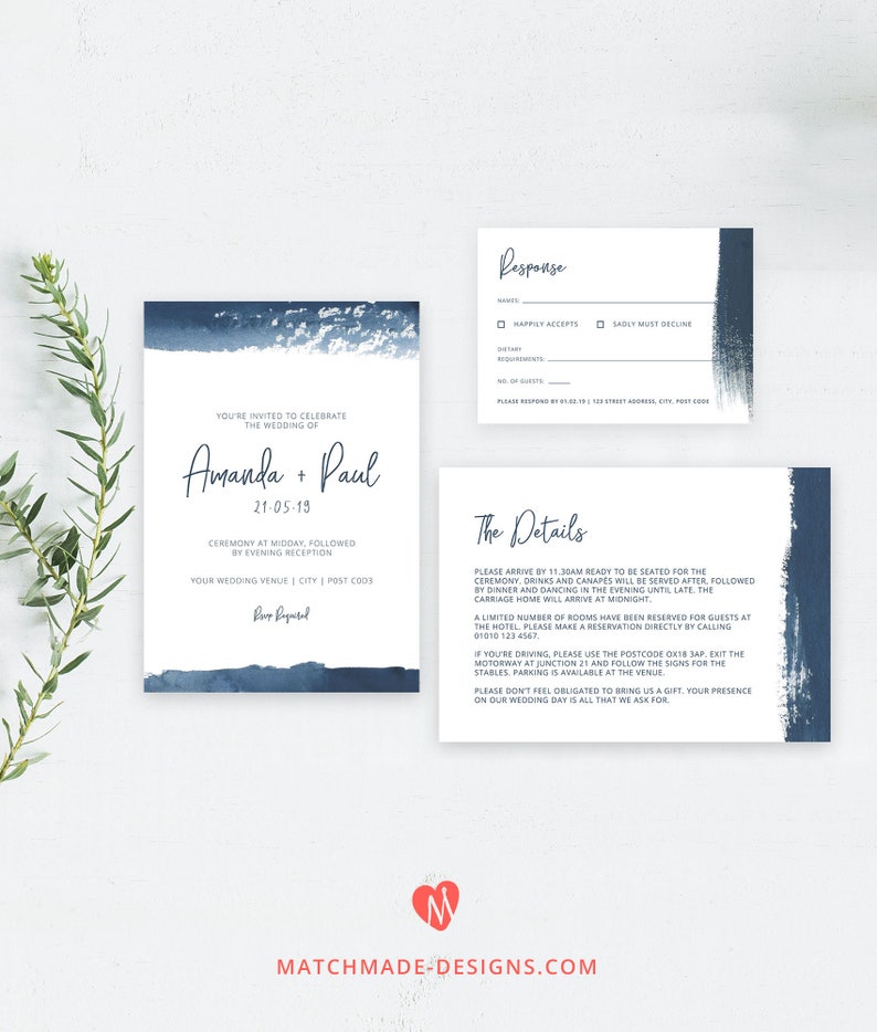 Navy Wedding Invitation Printable Watercolor Wedding Invite Template Download Navy Wedding Invite Beach Wedding Invitation Editable PDF