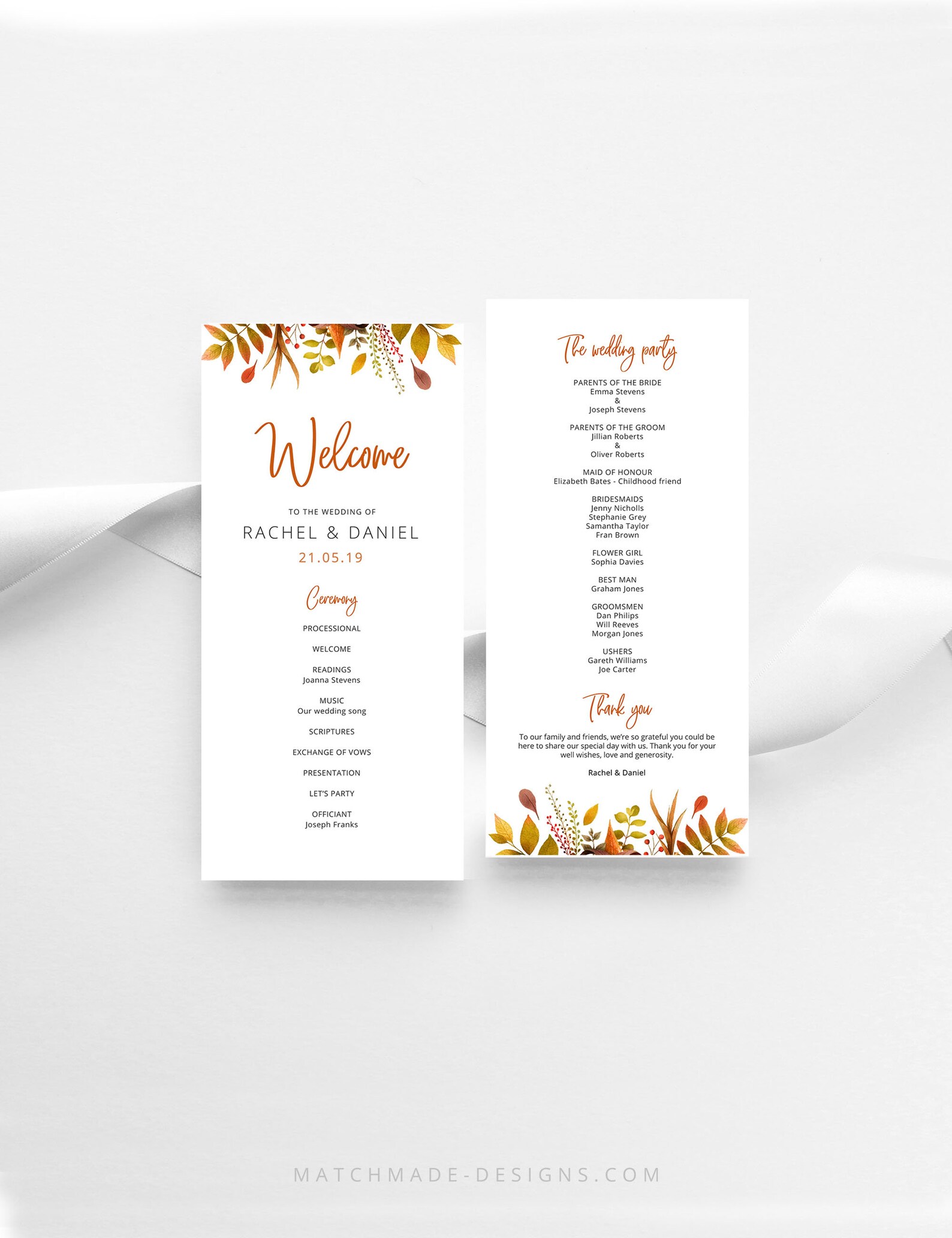 Fall Wedding Program Template Fall Order of Service Etsy UK