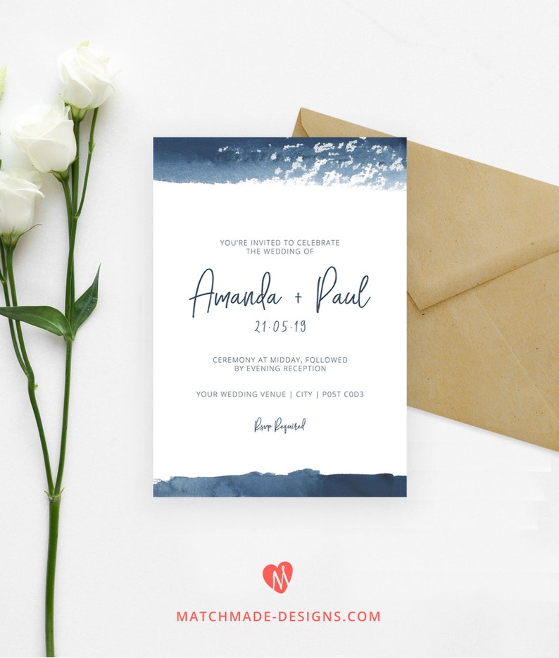 Navy Wedding Invitation Printable Watercolor Wedding Invite Template Download Navy Wedding Invite Beach Wedding Invitation Editable PDF