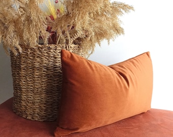 Orange Velvet Lumbar Pillow Cover, Handmade Decorative Pillow
