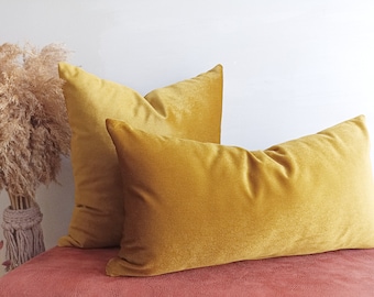 Velvet Lumbar Pillow Cover, Mustard Yellow Throw Pillow, Handmade