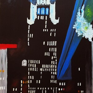 May include: An abstract painting of a city skyline at night. The artwork features a tall building with illuminated windows and a bright blue light emanating from the top. A blue curtain-like shape is on the right side of the painting.