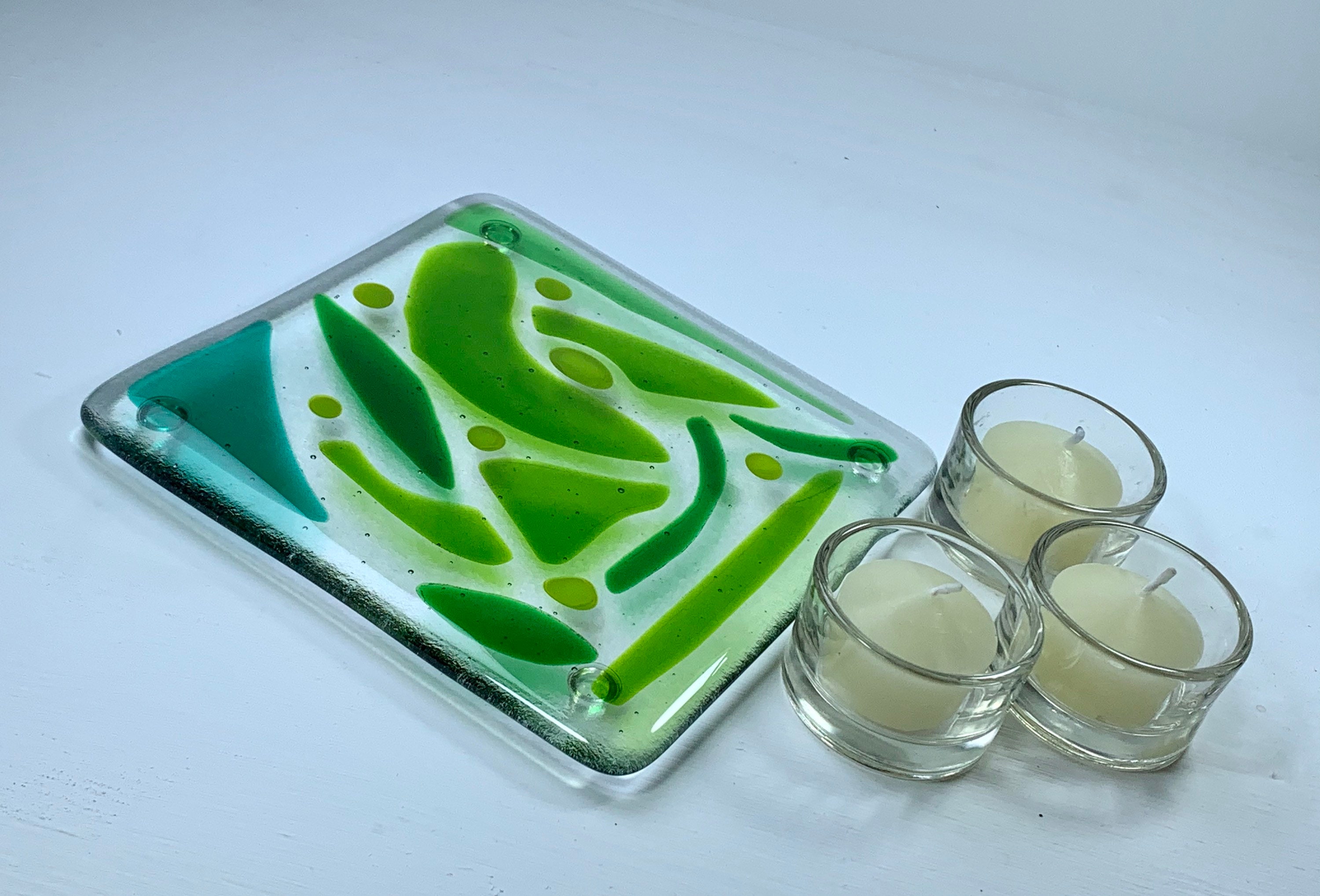 Fused Glass Art large Random Patterned Green and Clear Etsy UK