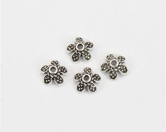 4 Beads Oxidized 925 Sterling Silver 6.5mm Flower Cap F261