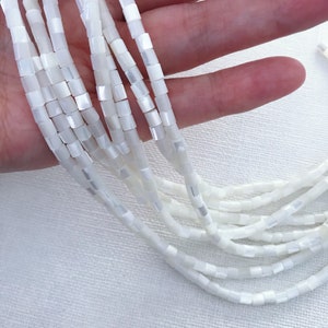 Natural creamy white mother of pearl smooth 4mm tube beads 15 inches MOP seashell shimmery beads for making jewelry PB176MPT