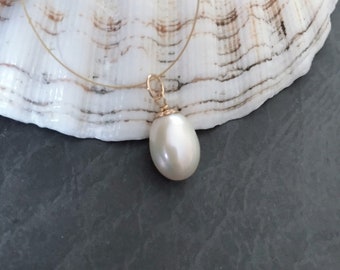 May include: A white pearl pendant necklace on a thin gold chain. The pearl is a teardrop shape and is hanging from a seashell.