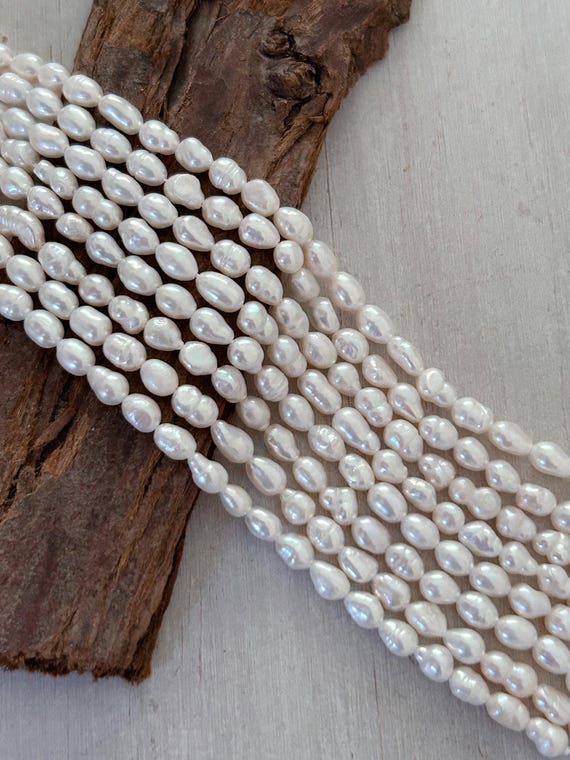 natural fresh water 6 inches baroque 4mm x 5 mm white pearls good lustre free form rice pearls for jewellery making PB153U