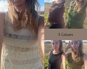May include: A sleeveless, open-weave top with a fringed hem is shown in five colors: cream, brown, green, black, and olive green. The text "5 Colours" is displayed on a brown background. The tops appear to be handmade.