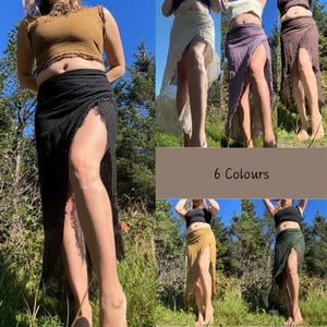 May include: Six wrap skirts in various colours, including black, cream, purple, brown, gold, and green, each with a high slit. The image includes the text "6 Colours" on a brown rectangular background.