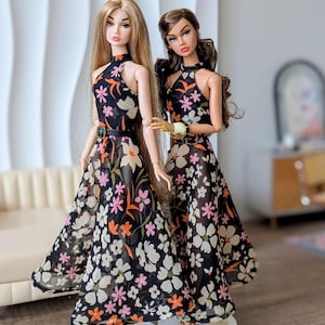 Floral Black Dress with belt for Poppy Parker Integrity Toys doll.