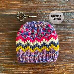 May include: A colorful knitted hat with a purple, pink, red, yellow, and black striped pattern. The hat is on a wooden surface with a pair of scissors and the text "Knitting Pattern".