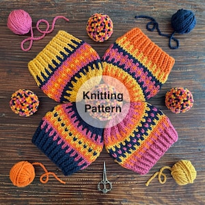 May include: A flat lay featuring a knitting pattern with colorful yarn and knitted pieces. The knitted items are in shades of yellow, orange, pink, and navy blue. The text "Knitting Pattern" is in the center of the image. Also included are balls of yarn and scissors.