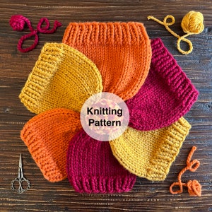 May include: A knitting pattern for a hat, with six different coloured sections in shades of red, orange, and yellow. The pattern is called "Knitting Pattern".