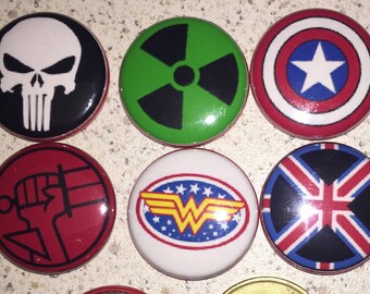 lots de 6 Badges Supers Héros, Pin's, épingle de ø1" ou 2,5cm