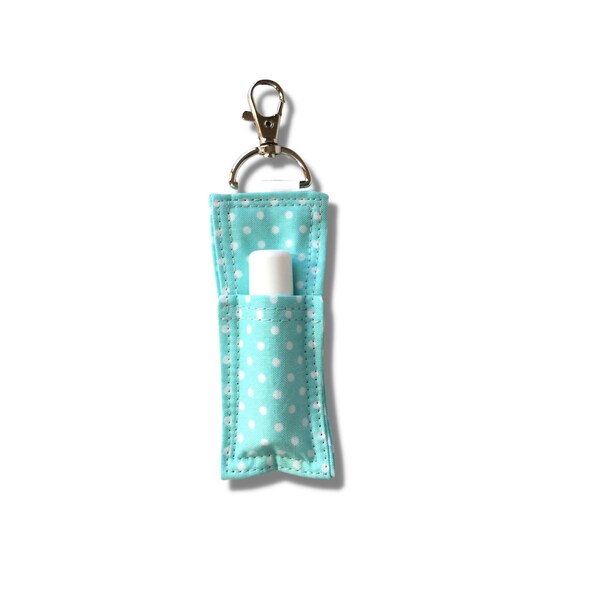 Lip Balm Keychain Clip – Aqua and White Polka Dot - ChapStick Holder Keychain - Backpack Clip - Lipstick Holder -Purse Clip - by CraftyKC