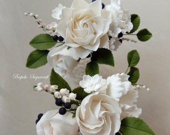 Bespoke Sugarcraft - White sugar flowers spray for cake decoration, Made to order cake toppers, High grade sugar flowers, UK supplier