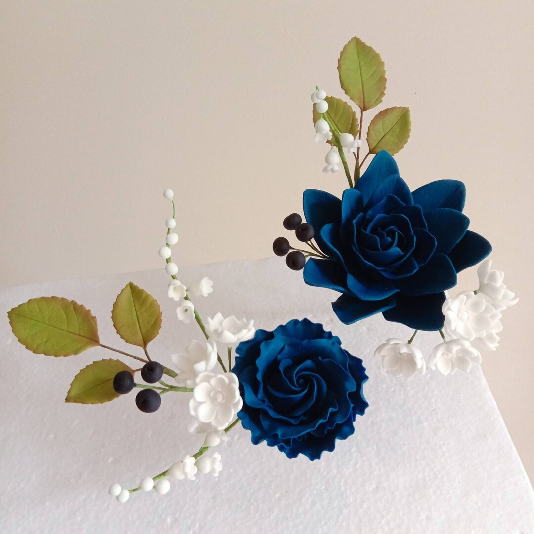 Set of 2 Sugar Craft Royal Blue and White Flowers With Leaves Sprays