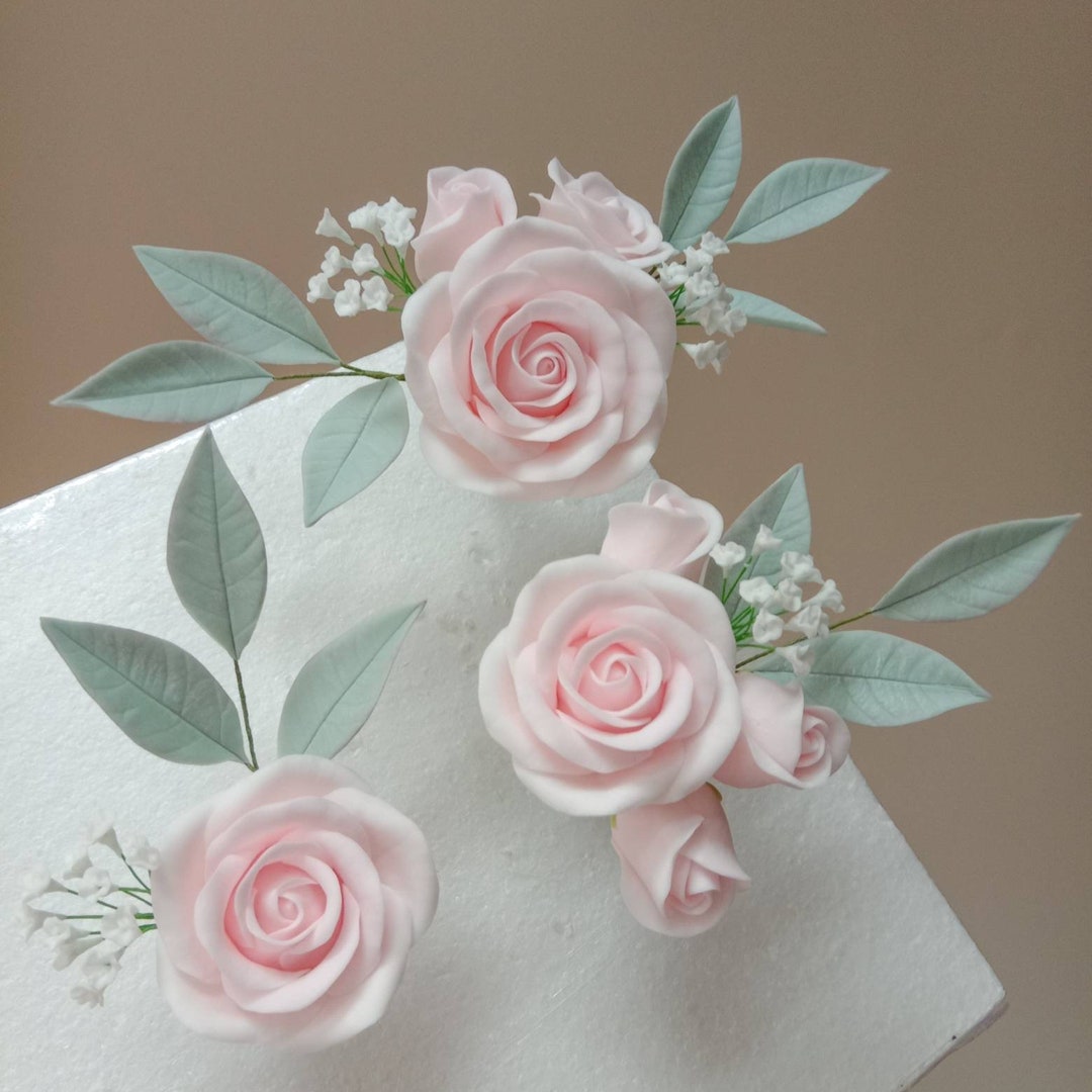Sugar Craft Pink Roses With White Gypsophila and Eucalyptus Spray, Made