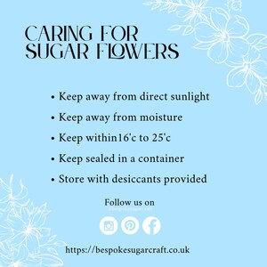 May include: A blue background with white floral designs and text that reads "CARING FOR SUGAR FLOWERS". The text below lists instructions for caring for sugar flowers: Keep away from direct sunlight, Keep away from moisture, Keep within 16&deg;C to 25&deg;C, Keep sealed in a container, Store with desiccants provided. The text at the bottom reads "Follow us on @bespokesugarcraft" with social media icons for Instagram, Pinterest, and Facebook. The text at the very bottom reads "https://bespokesugarcraft.co.uk".