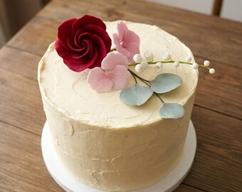 Red Sugar Rose, Hydrangea & Lily of the Valley Spray, Vegan Gumpaste Flowers, Anniversary Cake Topper