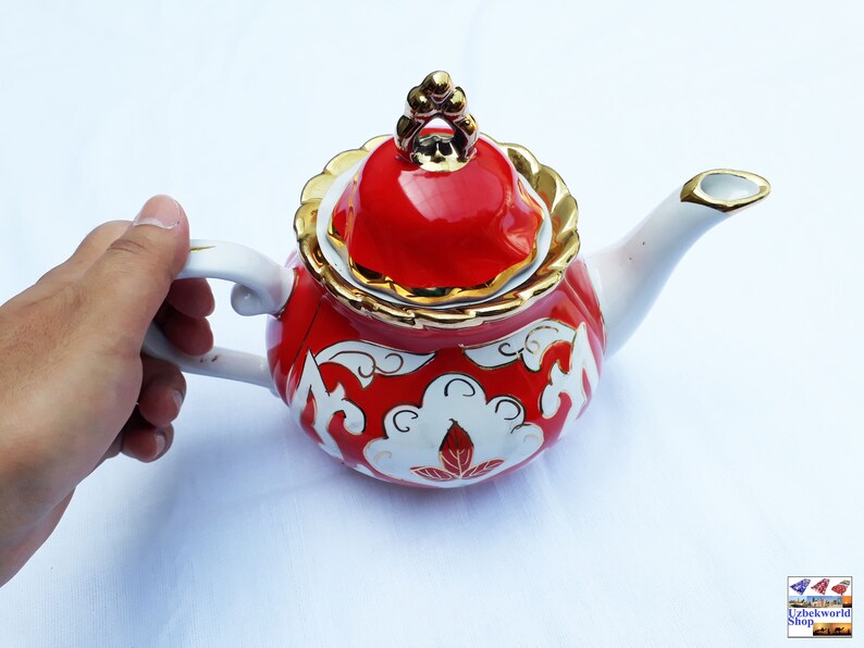 Dinner set for 4 people dinner tableware uzbek traditional handmade glazed ceramic pottery set teapot cups bowls plates