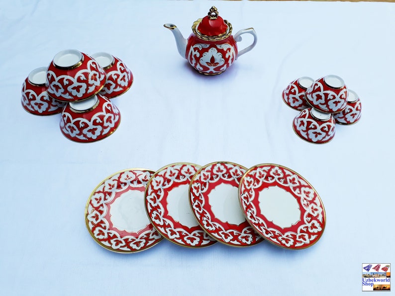 Dinner set for 4 people dinner tableware uzbek traditional handmade glazed ceramic pottery set teapot cups bowls plates