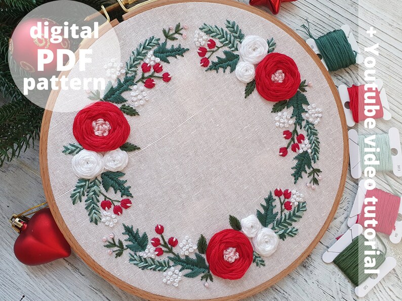 Christmas Floral Wreath Hand Embroidery Pattern for Beginner, PDF ...