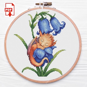 Dragon and Bell Flower Cross Stitch Pattern PDF - Dragon Counted Cross Stitch - Fantasy XStitch - Cute Cross Stitch