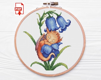 Patrón de punto de cruz de dragón y flor de campana: Fantasy XStitch (Patrón PDF)