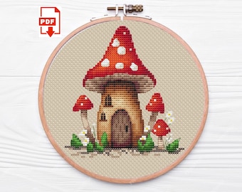 Patrón de punto de cruz de la casa de las hadas de los hongos - Sencillo, divertido y moderno XStitch PDF de agárico de mosca