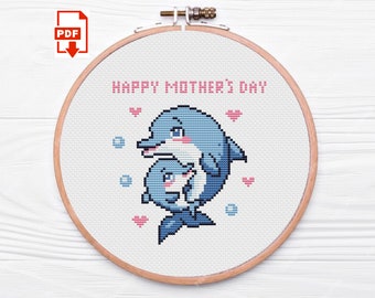 Patrón de punto de cruz de delfines para el Día de la Madre - Punto de cruz contado (Patrón PDF)