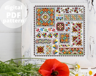 Bukovina Sampler Cross Stitch Patrón Ucraniano Tradicional Ornamento Moderno PDF Archivo Digital