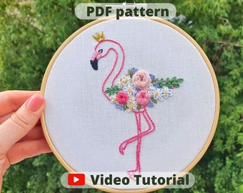 PDF pattern+ video tutorial | Flamingo | Hand embroidery pattern | Embroidery pattern | Beginner embroidery pattern