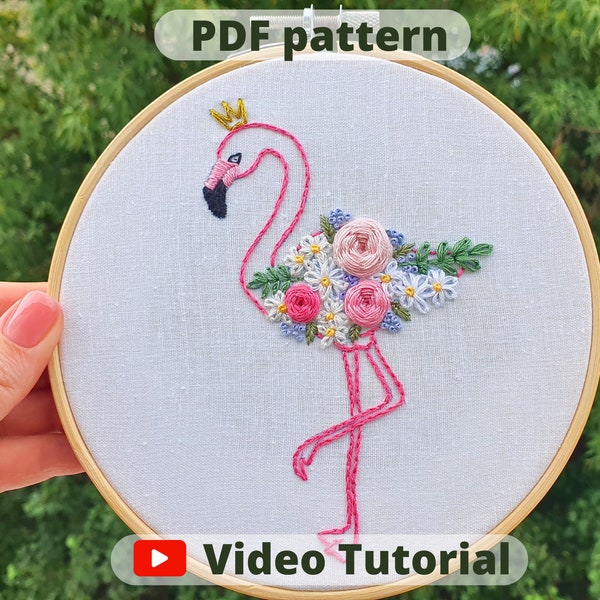 PDF pattern+ video tutorial | Flamingo | Hand embroidery pattern | Embroidery pattern | Beginner embroidery pattern