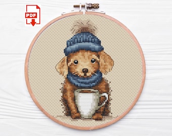 Patrón de punto de cruz de perro con café - XStitch de cachorro simple, fácil y moderno PDF