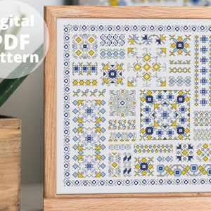 Blue Sampler Cross Stitch Pattern Ukrainian Traditional Ornament Modern PDF Digital File