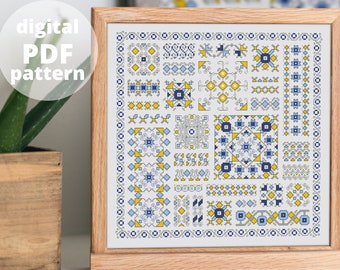 Muestra azul patrón de punto de cruz ornamento tradicional ucraniano archivo digital PDF moderno