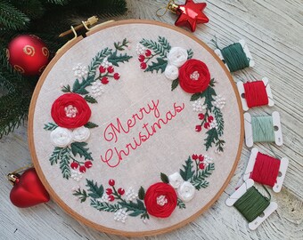 Patrón de bordado a mano de corona floral navideña para principiantes, patrón en PDF + vídeo tutorial