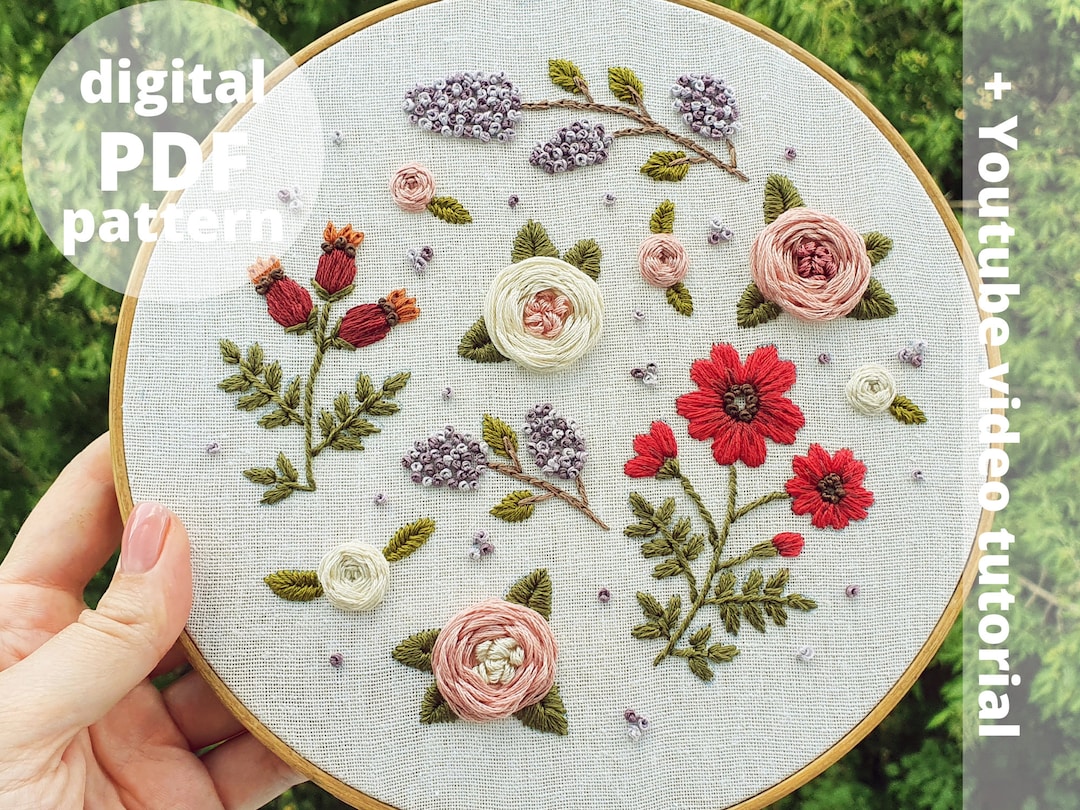 PDF Pattern+ Video Tutorial | Liliac and Rose Blossom | Hand Embroidery ...
