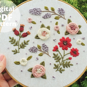 Lilac & Rose Hand Embroidery Pattern: Floral Needlepoint (PDF Pattern)