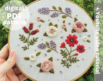 Beginner hand embroidery design, PDF pattern + video tutorial, Liliac and rose Blossom, Floral Embroidery pattern for Beginner, Needlepoint