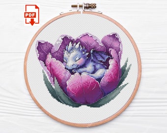 Patrón de punto de cruz de dragón en peonía: Diseño floral de fantasía (Patrón PDF)