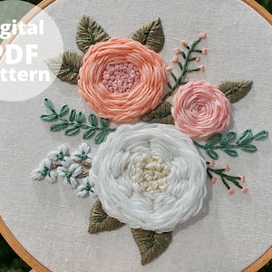 Floral Hand embroidery pattern  for Beginner Garden Roses PDF pattern+ video tutorial