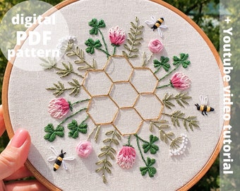 PDF pattern+ video tutorial | Honeybee and Clover | Hand embroidery pattern | Embroidery pattern | Beginner embroidery pattern